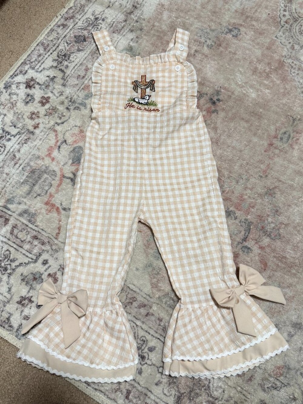 “He Is Risen” Gingham Bell Bottom Romper Toddler - Picture 2 of 6
